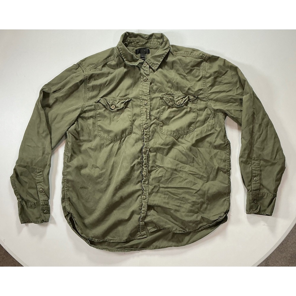 J Crew Button Down Shirt Olive Green Cotton Utility Military Aesthetic Women L